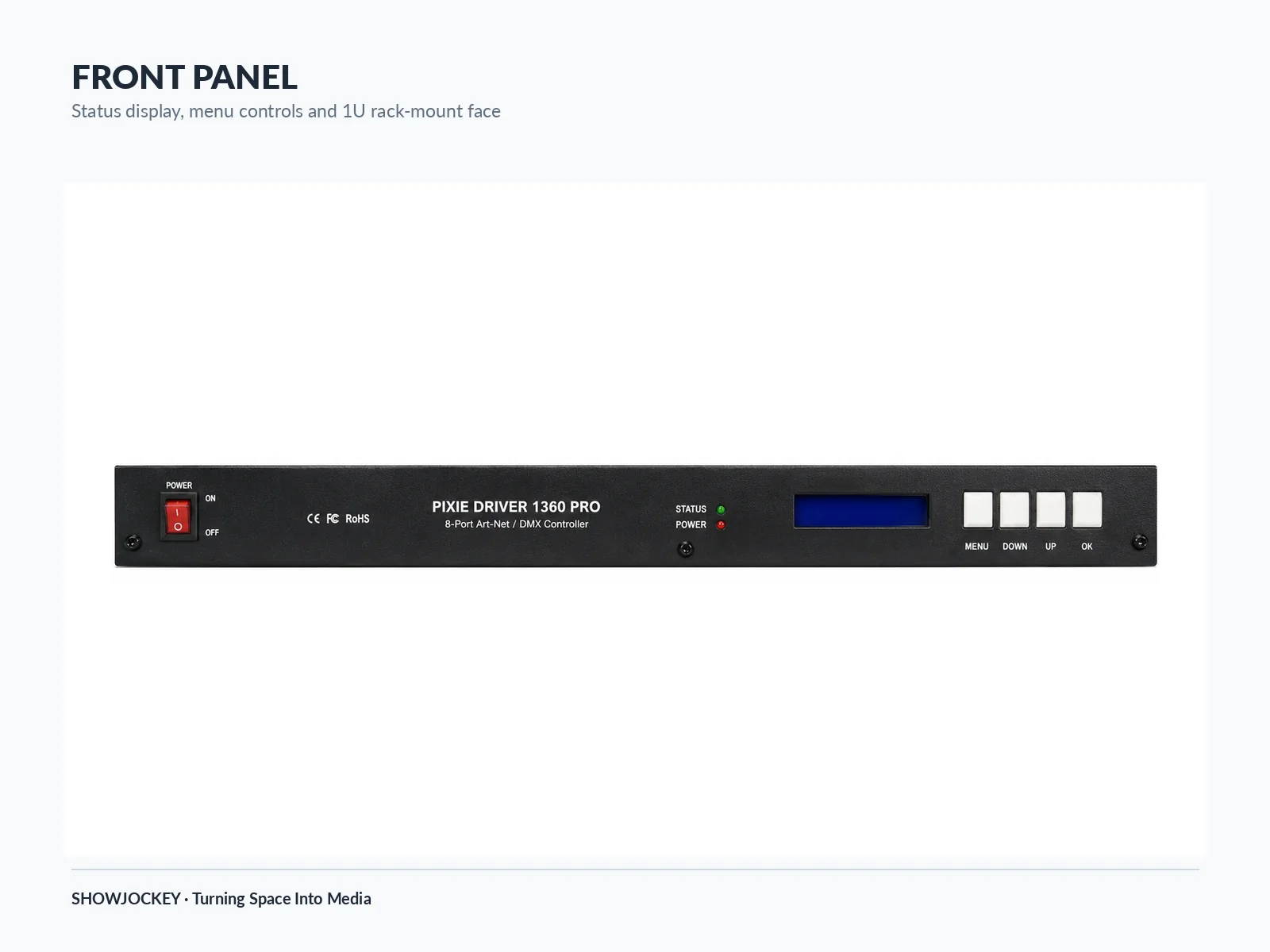 Front panel of the SHOWJOCKEY Pixie Driver P1360 Pro with status display and menu controls