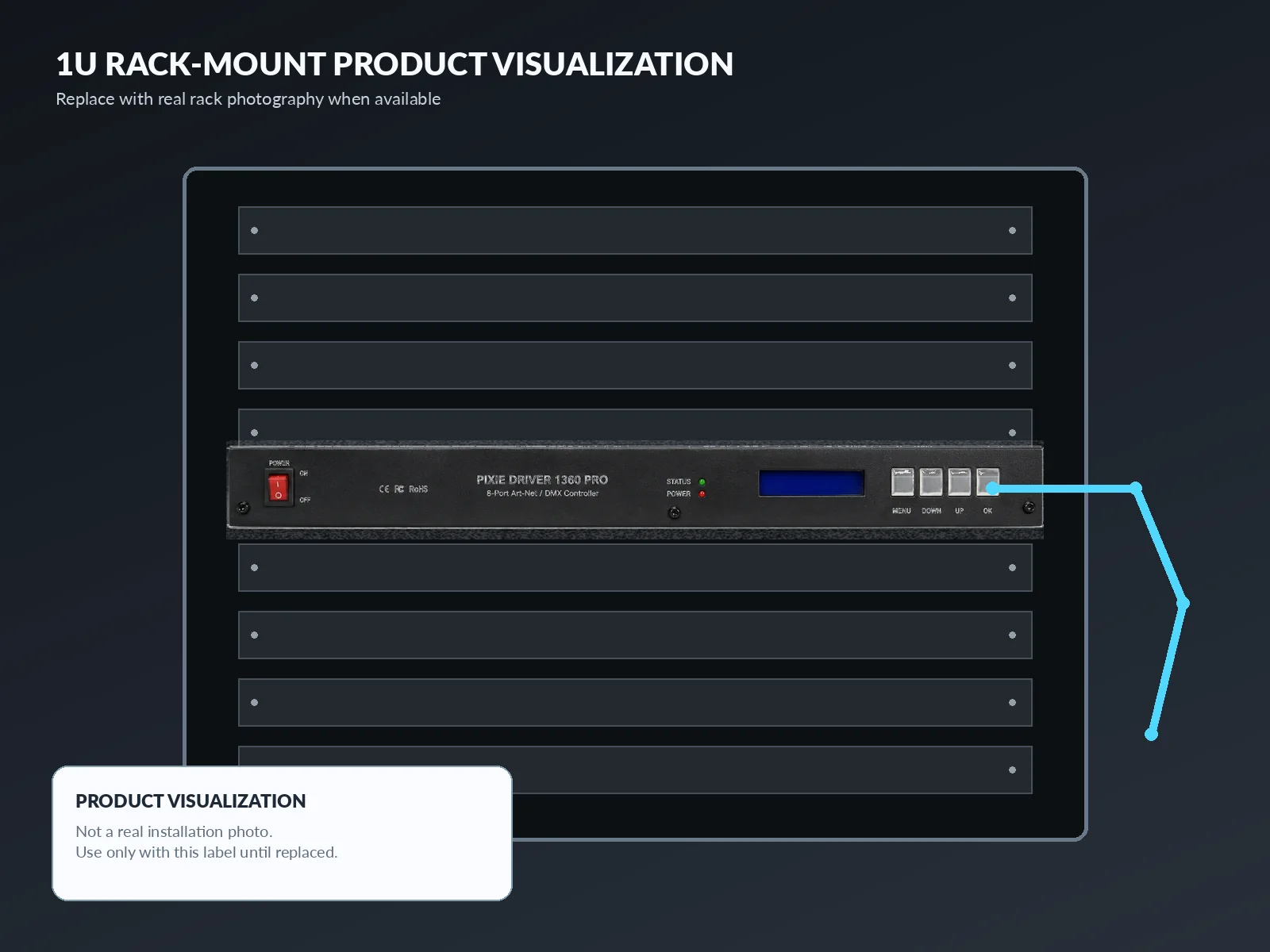 Product visualization of the SHOWJOCKEY Pixie Driver P1360 Pro installed in a standard equipment rack