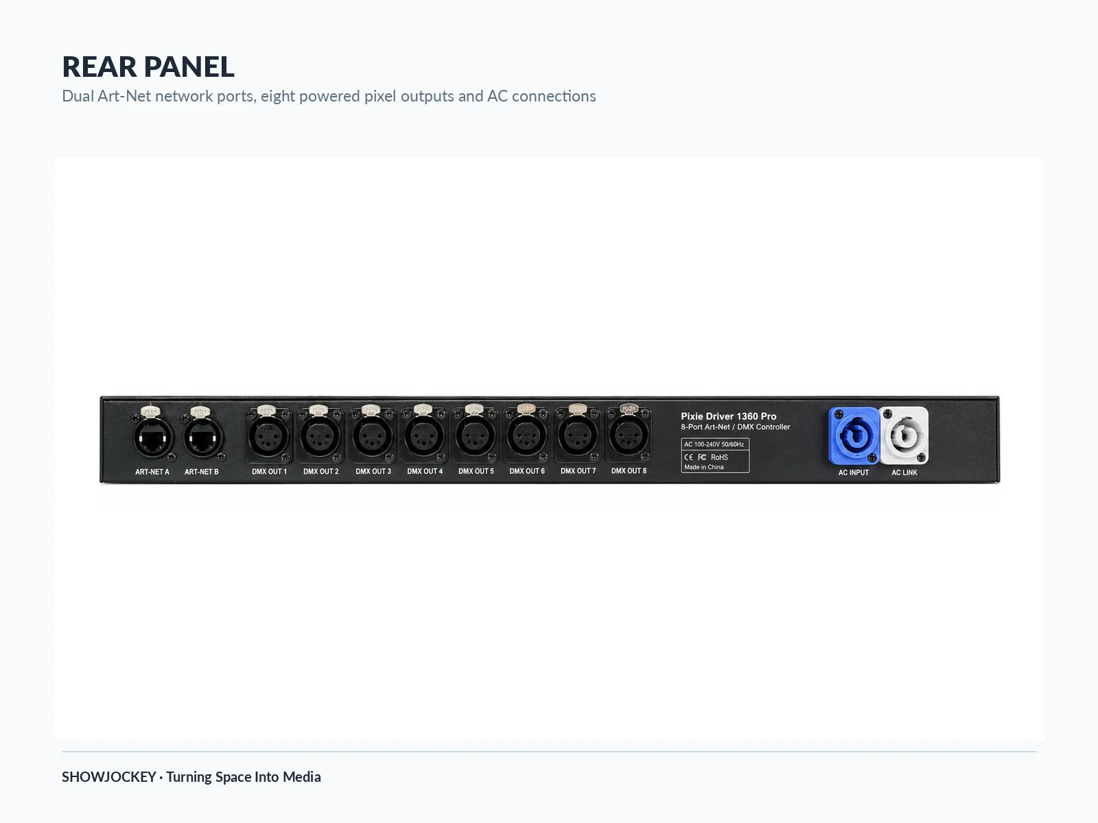 Rear panel and output connections of the SHOWJOCKEY Pixie Driver P1360 Pro