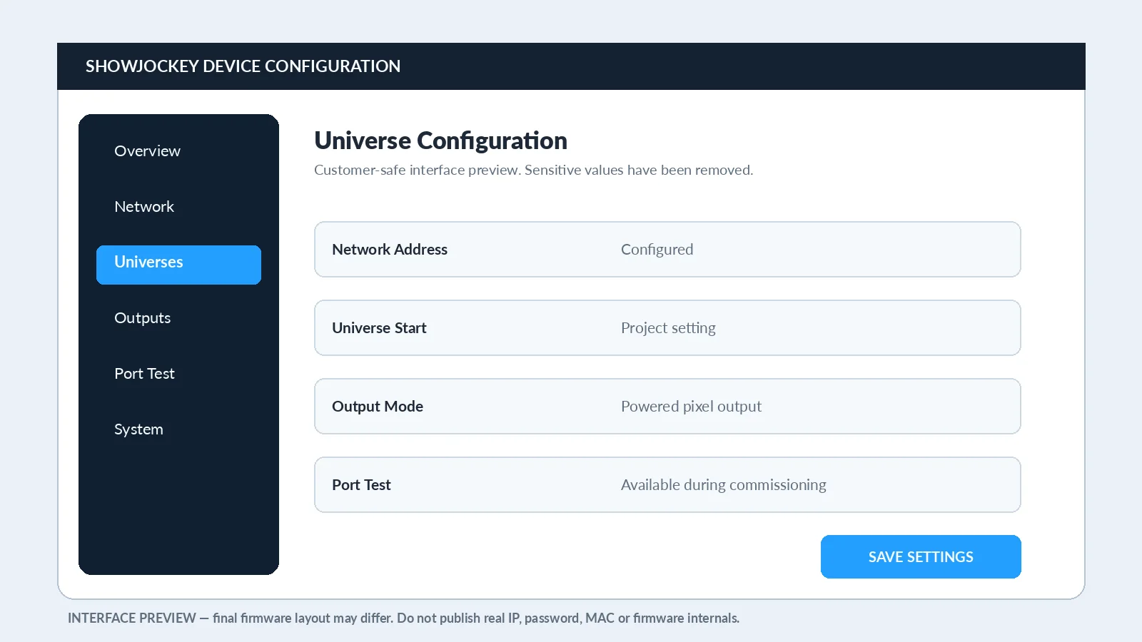 Sanitized configuration interface preview for the SHOWJOCKEY Pixie Driver P1360 Pro